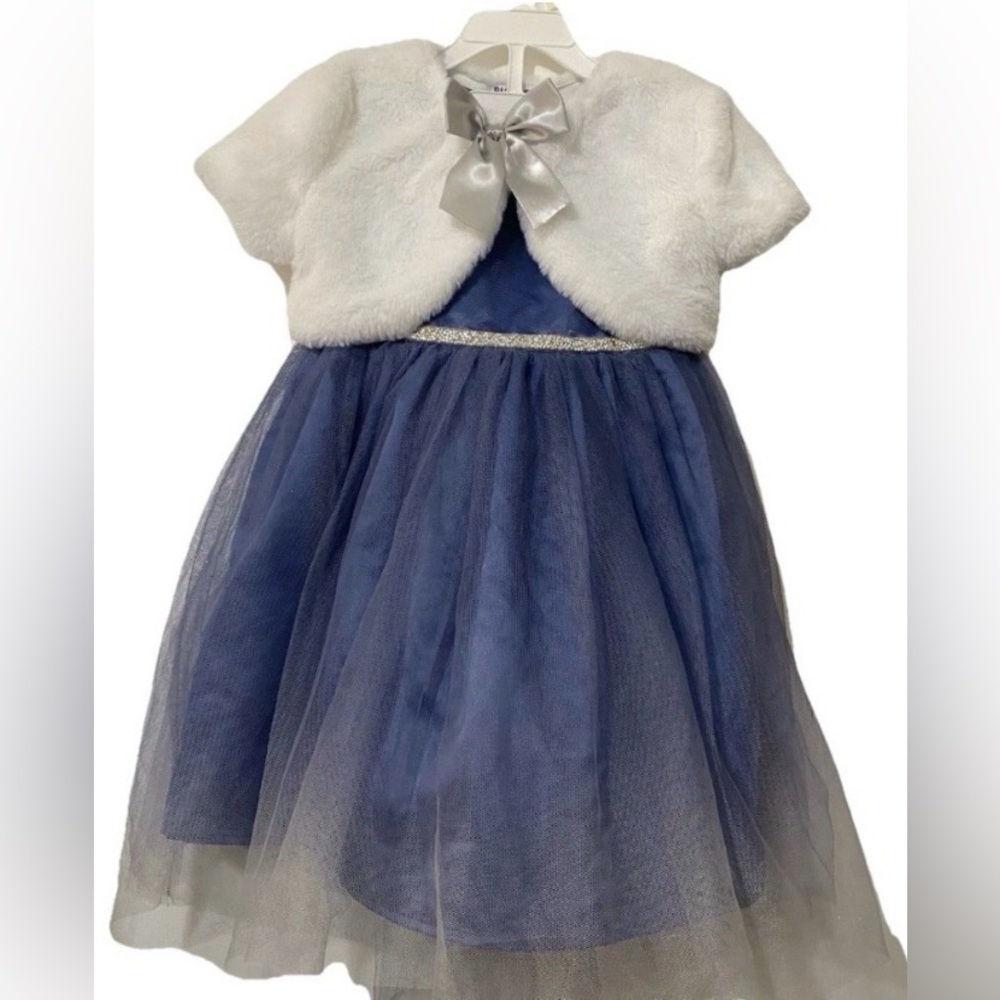 Blueberi Boulevard Size 6 Girls Sparkly Blue Sleeveless Dress & White Vest Shrug
